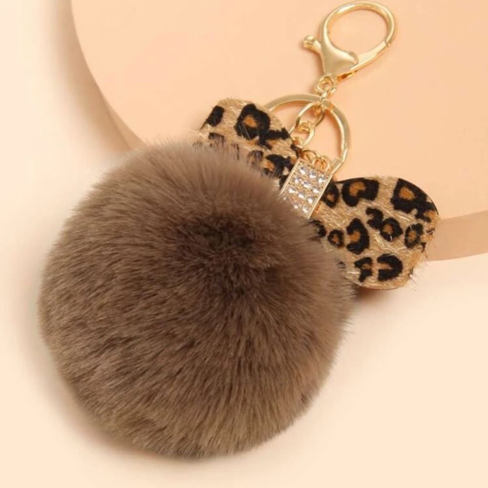 Camel Brown Leopard Bowtie PomPom Keychain